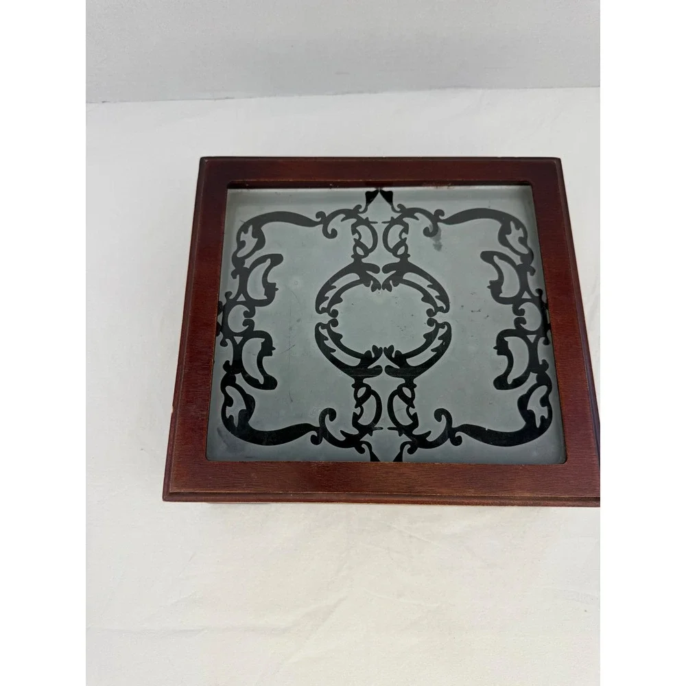 Vintage Wooden Jewelry Box Etched Glass‎ Lid 9 Compartments Cherry Finish